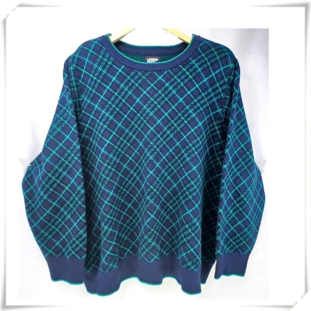 Land's End Green Blue Diagonal Plaids/Checks Lofty Jacquard Tartan Sweater EUC